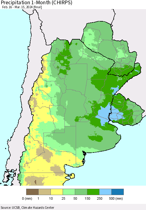 Southern South America Precipitation 1-Month (CHIRPS) Thematic Map For 2/16/2024 - 3/15/2024