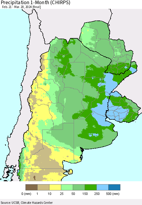 Southern South America Precipitation 1-Month (CHIRPS) Thematic Map For 2/21/2024 - 3/20/2024