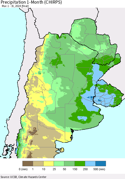 Southern South America Precipitation 1-Month (CHIRPS) Thematic Map For 3/1/2024 - 3/31/2024
