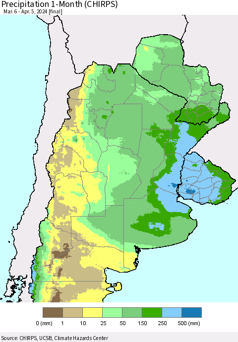 Southern South America Precipitation 1-Month (CHIRPS) Thematic Map For 3/6/2024 - 4/5/2024