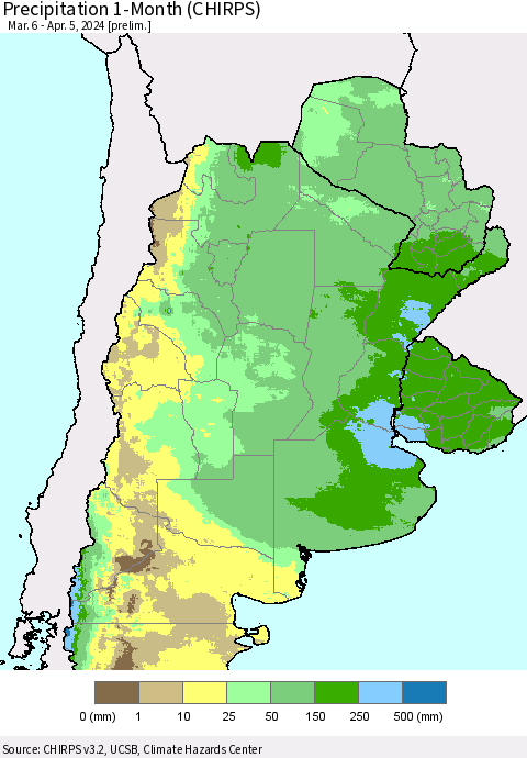 Southern South America Precipitation 1-Month (CHIRPS) Thematic Map For 3/6/2024 - 4/5/2024