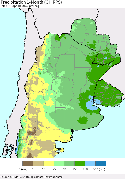 Southern South America Precipitation 1-Month (CHIRPS) Thematic Map For 3/11/2024 - 4/10/2024