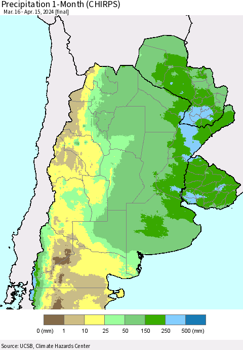 Southern South America Precipitation 1-Month (CHIRPS) Thematic Map For 3/16/2024 - 4/15/2024