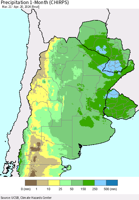 Southern South America Precipitation 1-Month (CHIRPS) Thematic Map For 3/21/2024 - 4/20/2024