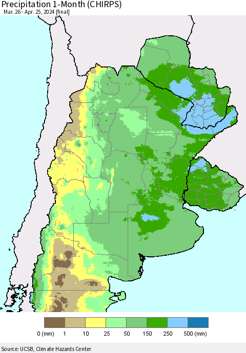 Southern South America Precipitation 1-Month (CHIRPS) Thematic Map For 3/26/2024 - 4/25/2024