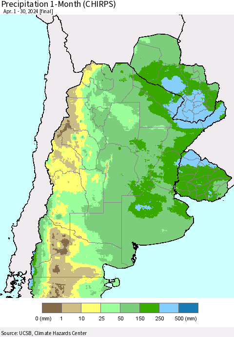 Southern South America Precipitation 1-Month (CHIRPS) Thematic Map For 4/1/2024 - 4/30/2024