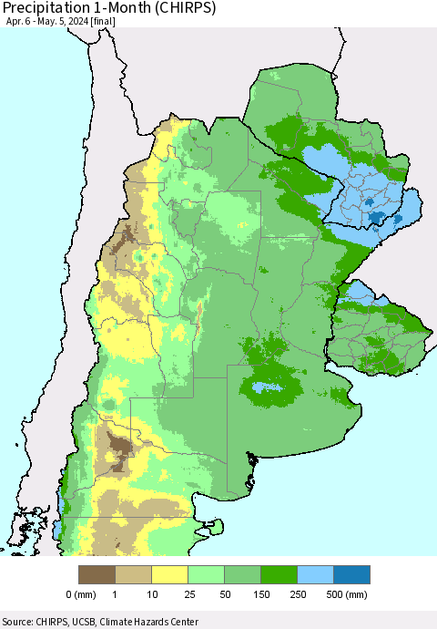 Southern South America Precipitation 1-Month (CHIRPS) Thematic Map For 4/6/2024 - 5/5/2024