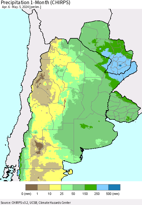 Southern South America Precipitation 1-Month (CHIRPS) Thematic Map For 4/6/2024 - 5/5/2024