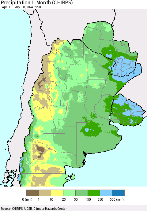 Southern South America Precipitation 1-Month (CHIRPS) Thematic Map For 4/11/2024 - 5/10/2024