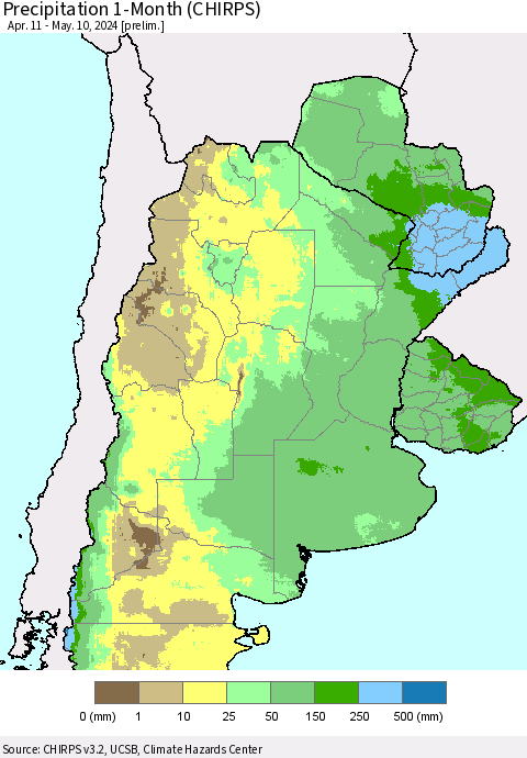 Southern South America Precipitation 1-Month (CHIRPS) Thematic Map For 4/11/2024 - 5/10/2024