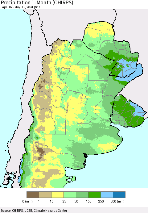 Southern South America Precipitation 1-Month (CHIRPS) Thematic Map For 4/16/2024 - 5/15/2024