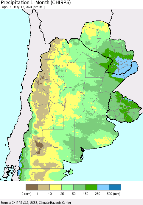 Southern South America Precipitation 1-Month (CHIRPS) Thematic Map For 4/16/2024 - 5/15/2024