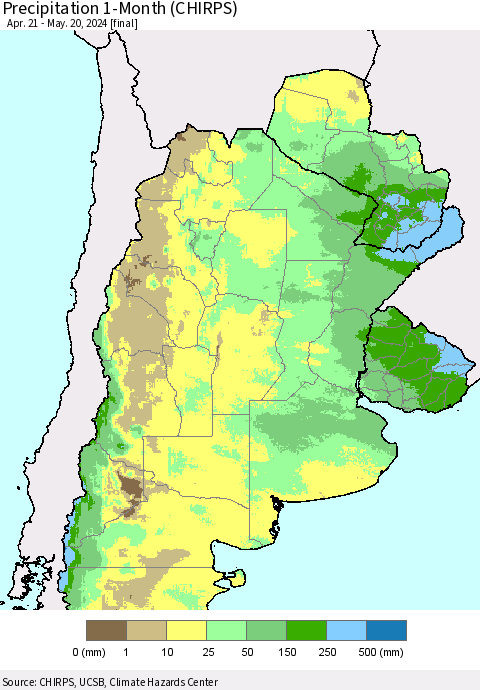 Southern South America Precipitation 1-Month (CHIRPS) Thematic Map For 4/21/2024 - 5/20/2024