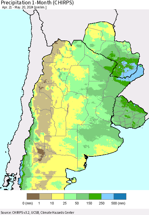 Southern South America Precipitation 1-Month (CHIRPS) Thematic Map For 4/21/2024 - 5/20/2024