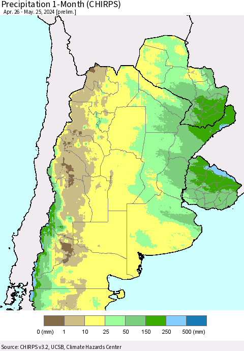 Southern South America Precipitation 1-Month (CHIRPS) Thematic Map For 4/26/2024 - 5/25/2024