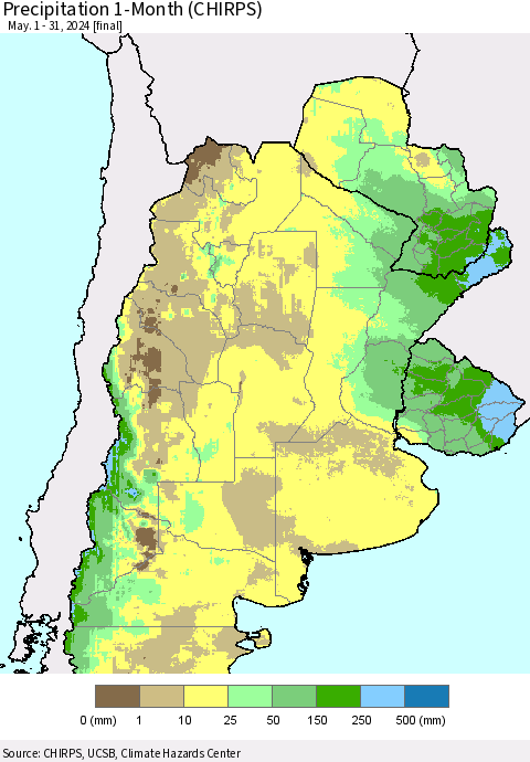 Southern South America Precipitation 1-Month (CHIRPS) Thematic Map For 5/1/2024 - 5/31/2024
