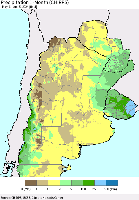 Southern South America Precipitation 1-Month (CHIRPS) Thematic Map For 5/6/2024 - 6/5/2024