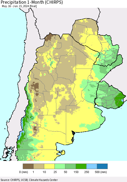 Southern South America Precipitation 1-Month (CHIRPS) Thematic Map For 5/16/2024 - 6/15/2024