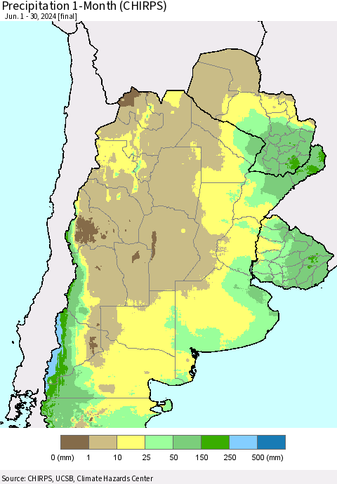 Southern South America Precipitation 1-Month (CHIRPS) Thematic Map For 6/1/2024 - 6/30/2024