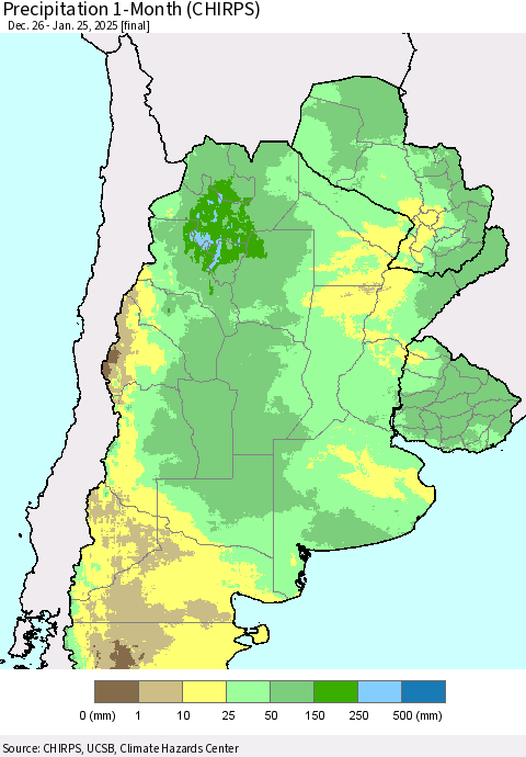 Southern South America Precipitation 1-Month (CHIRPS) Thematic Map For 12/26/2024 - 1/25/2025