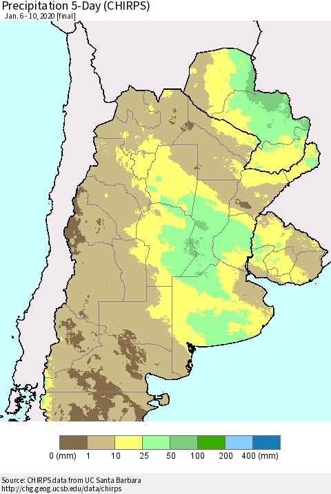 Southern South America Precipitation 5-Day (CHIRPS) Thematic Map For 1/6/2020 - 1/10/2020