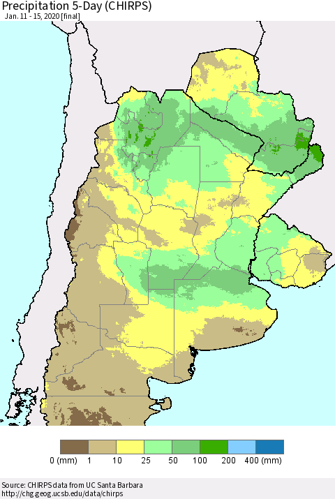 Southern South America Precipitation 5-Day (CHIRPS) Thematic Map For 1/11/2020 - 1/15/2020