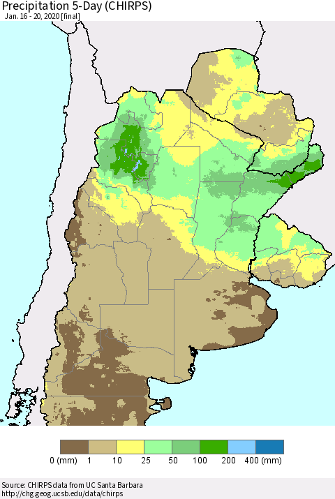 Southern South America Precipitation 5-Day (CHIRPS) Thematic Map For 1/16/2020 - 1/20/2020