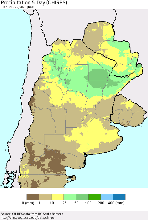 Southern South America Precipitation 5-Day (CHIRPS) Thematic Map For 1/21/2020 - 1/25/2020