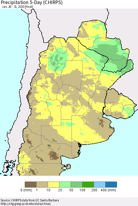 Southern South America Precipitation 5-Day (CHIRPS) Thematic Map For 1/26/2020 - 1/31/2020
