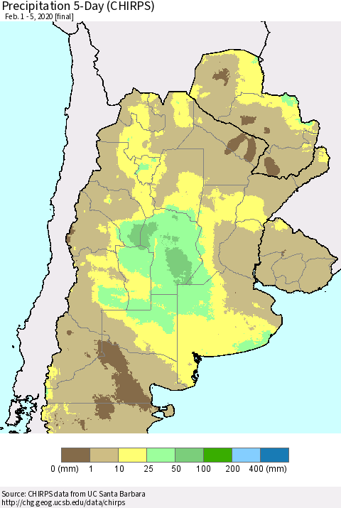Southern South America Precipitation 5-Day (CHIRPS) Thematic Map For 2/1/2020 - 2/5/2020