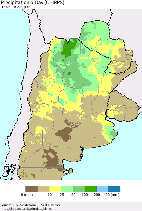 Southern South America Precipitation 5-Day (CHIRPS) Thematic Map For 2/6/2020 - 2/10/2020