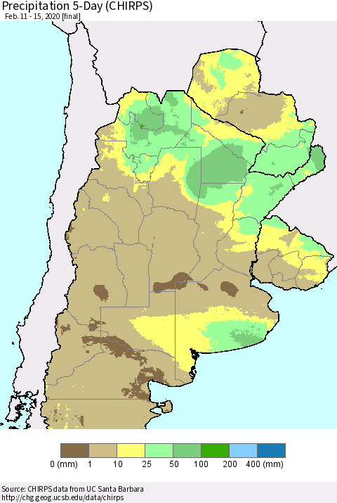 Southern South America Precipitation 5-Day (CHIRPS) Thematic Map For 2/11/2020 - 2/15/2020