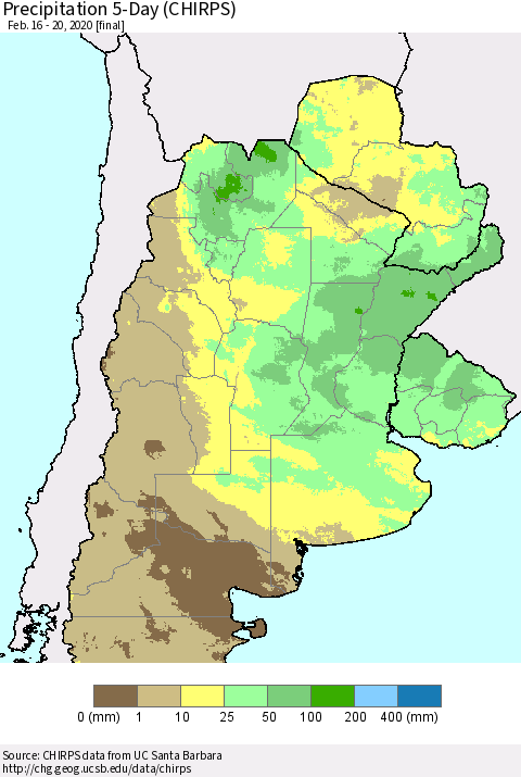 Southern South America Precipitation 5-Day (CHIRPS) Thematic Map For 2/16/2020 - 2/20/2020