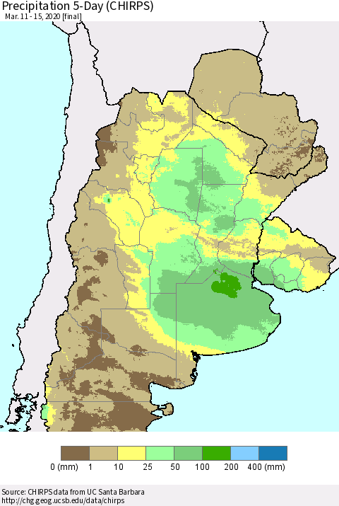Southern South America Precipitation 5-Day (CHIRPS) Thematic Map For 3/11/2020 - 3/15/2020