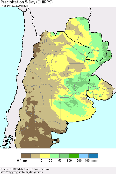 Southern South America Precipitation 5-Day (CHIRPS) Thematic Map For 3/16/2020 - 3/20/2020