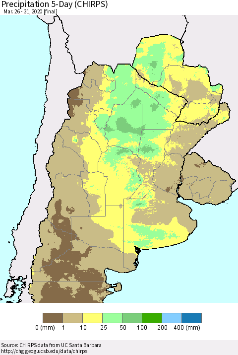 Southern South America Precipitation 5-Day (CHIRPS) Thematic Map For 3/26/2020 - 3/31/2020
