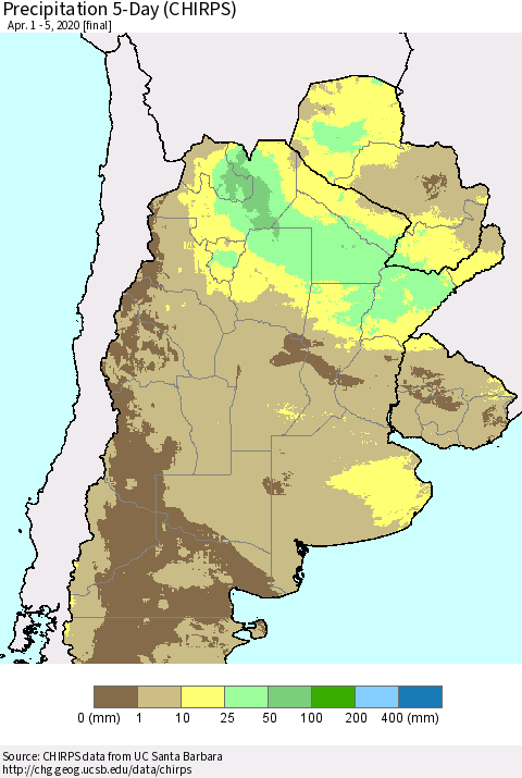 Southern South America Precipitation 5-Day (CHIRPS) Thematic Map For 4/1/2020 - 4/5/2020
