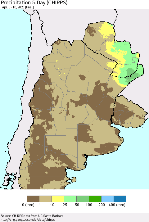 Southern South America Precipitation 5-Day (CHIRPS) Thematic Map For 4/6/2020 - 4/10/2020