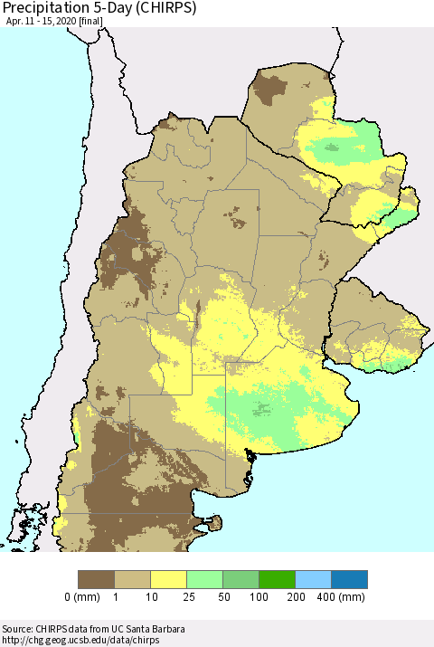 Southern South America Precipitation 5-Day (CHIRPS) Thematic Map For 4/11/2020 - 4/15/2020