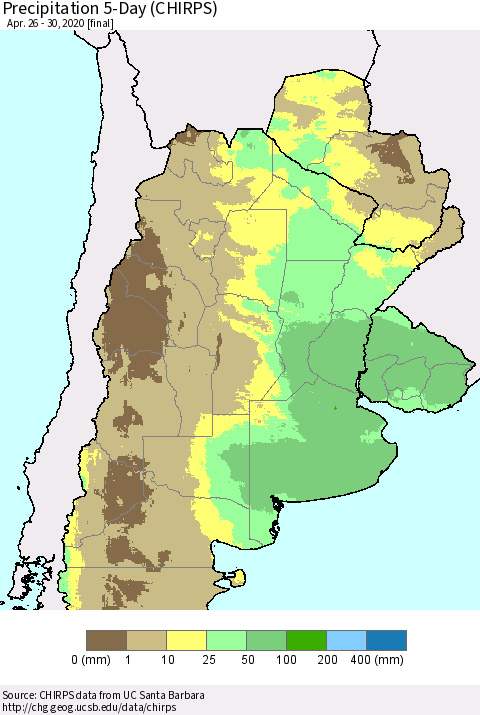 Southern South America Precipitation 5-Day (CHIRPS) Thematic Map For 4/26/2020 - 4/30/2020