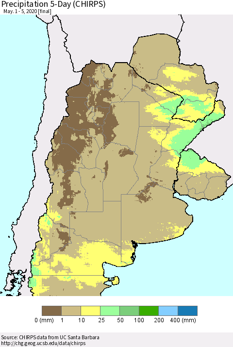 Southern South America Precipitation 5-Day (CHIRPS) Thematic Map For 5/1/2020 - 5/5/2020