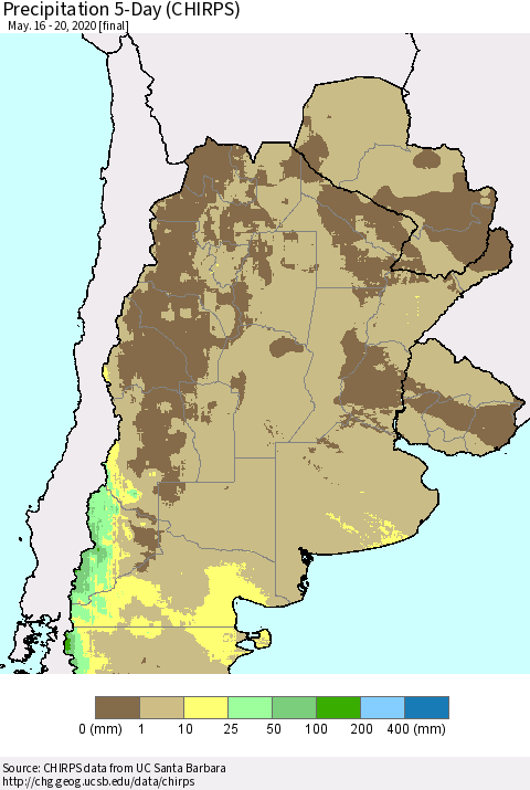 Southern South America Precipitation 5-Day (CHIRPS) Thematic Map For 5/16/2020 - 5/20/2020