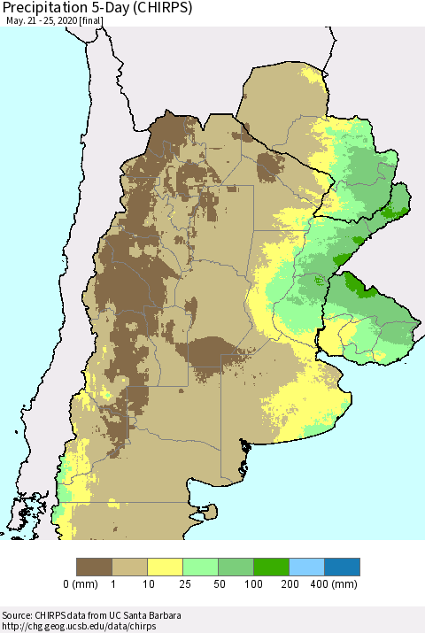 Southern South America Precipitation 5-Day (CHIRPS) Thematic Map For 5/21/2020 - 5/25/2020