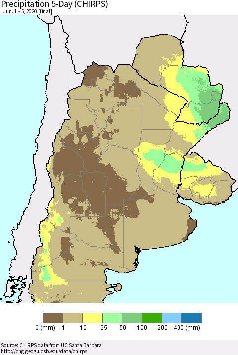 Southern South America Precipitation 5-Day (CHIRPS) Thematic Map For 6/1/2020 - 6/5/2020