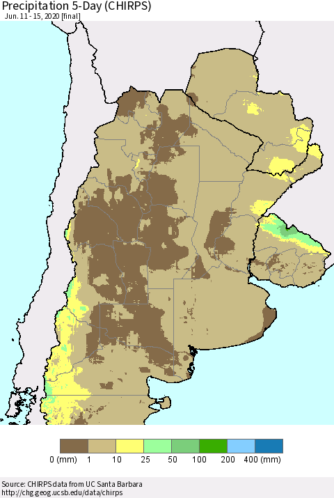 Southern South America Precipitation 5-Day (CHIRPS) Thematic Map For 6/11/2020 - 6/15/2020