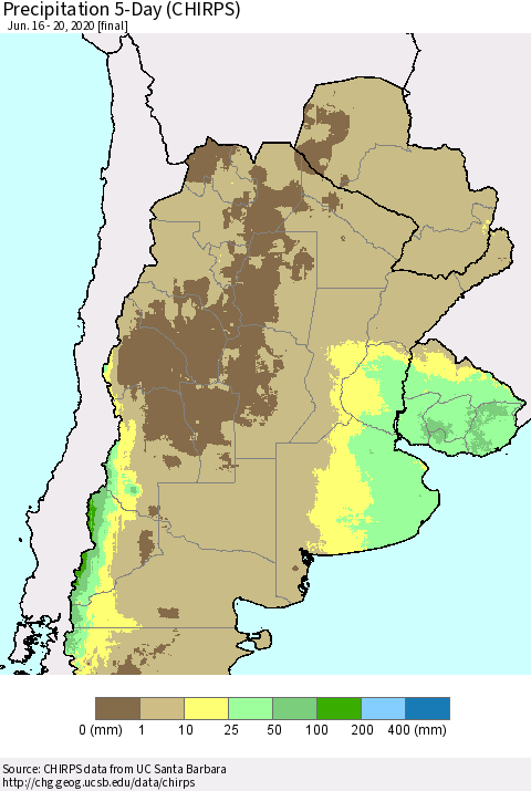Southern South America Precipitation 5-Day (CHIRPS) Thematic Map For 6/16/2020 - 6/20/2020