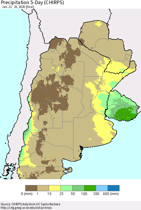 Southern South America Precipitation 5-Day (CHIRPS) Thematic Map For 6/21/2020 - 6/25/2020