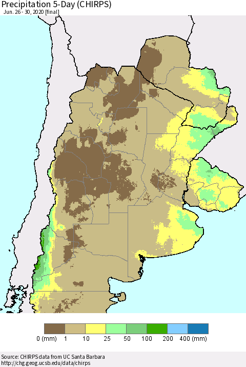 Southern South America Precipitation 5-Day (CHIRPS) Thematic Map For 6/26/2020 - 6/30/2020