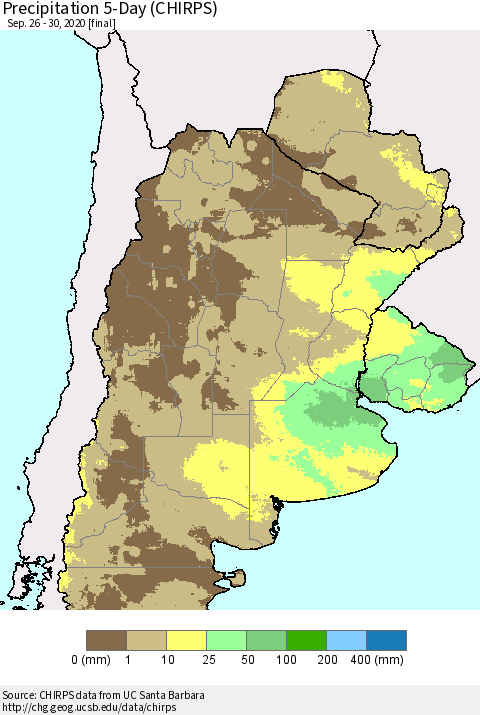 Southern South America Precipitation 5-Day (CHIRPS) Thematic Map For 9/26/2020 - 9/30/2020