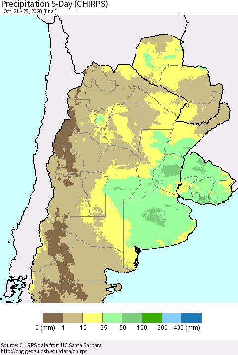 Southern South America Precipitation 5-Day (CHIRPS) Thematic Map For 10/21/2020 - 10/25/2020
